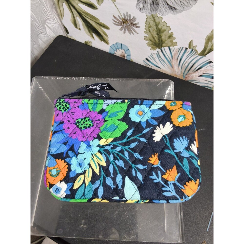 Vera Bradley Quilted Fabric Zipper Makeup Bag Floral Tile Print Blue White